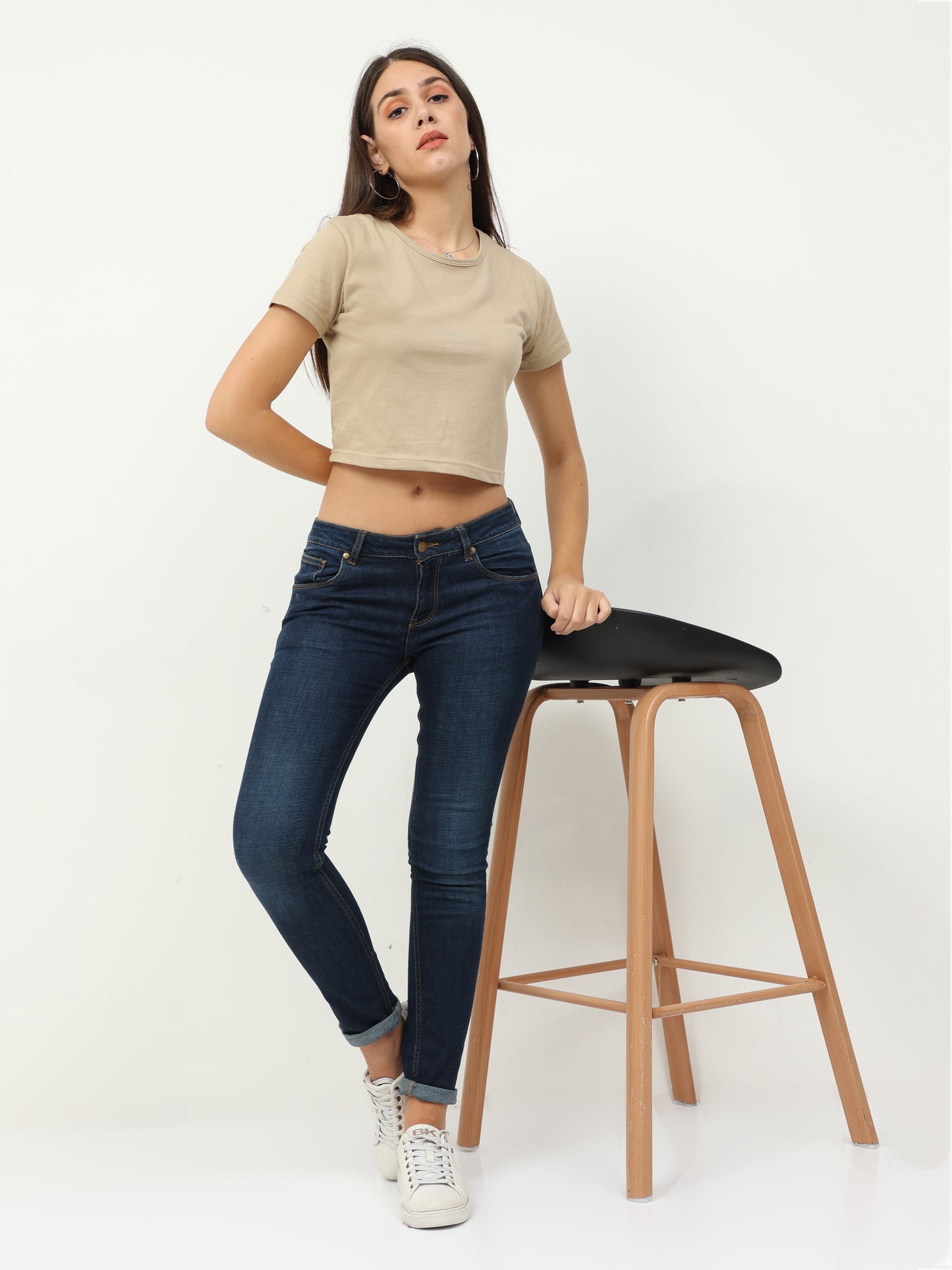 Women's Cotton Plain Round Neck Biscuit Color Crop Top