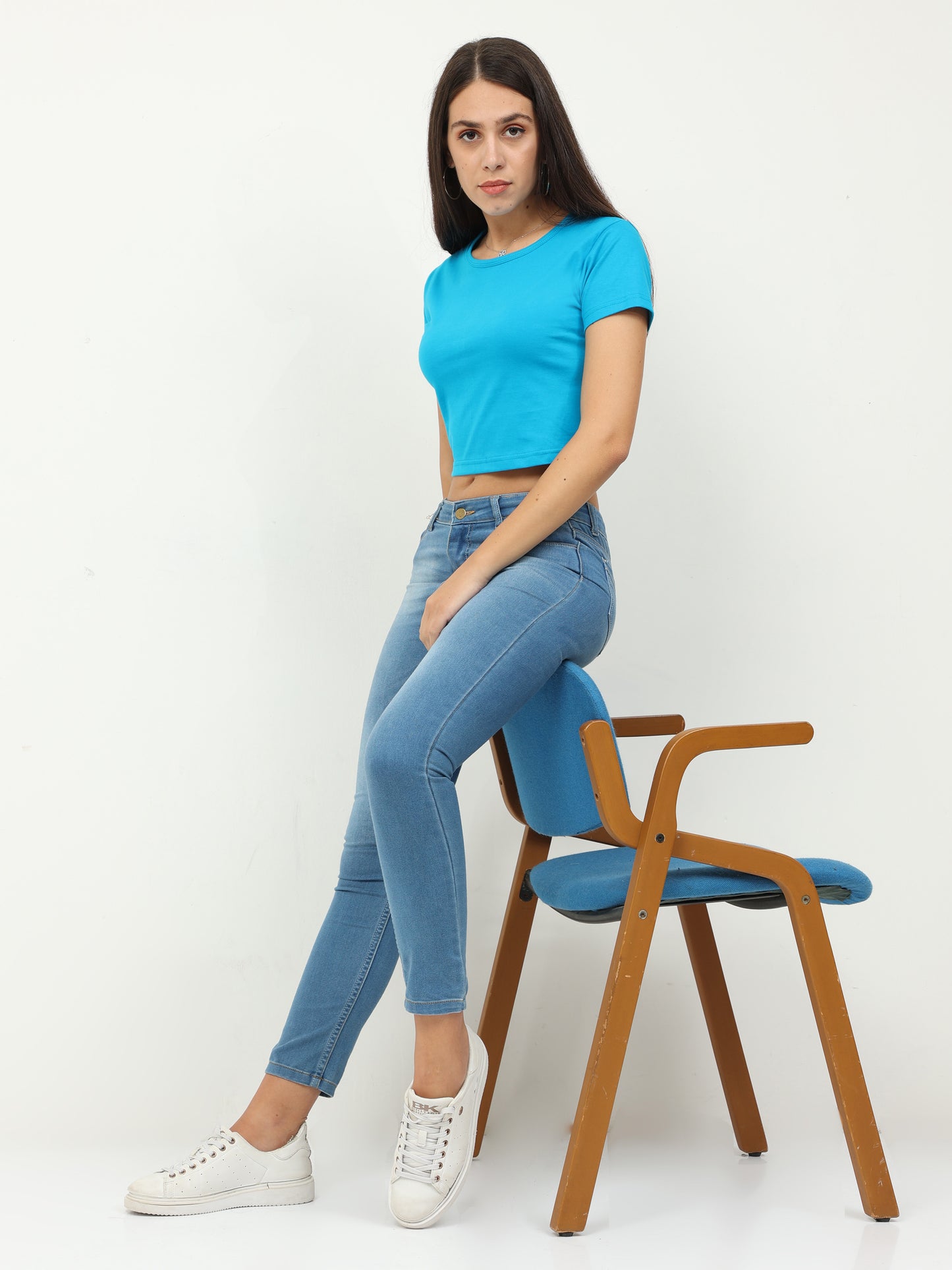 Women's Cotton Plain Round Neck Blue Color Crop Top