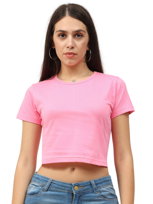 Women's Cotton Plain Round Neck Light Pink Color Crop Top