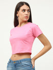 Women's Cotton Plain Round Neck Light Pink Color Crop Top