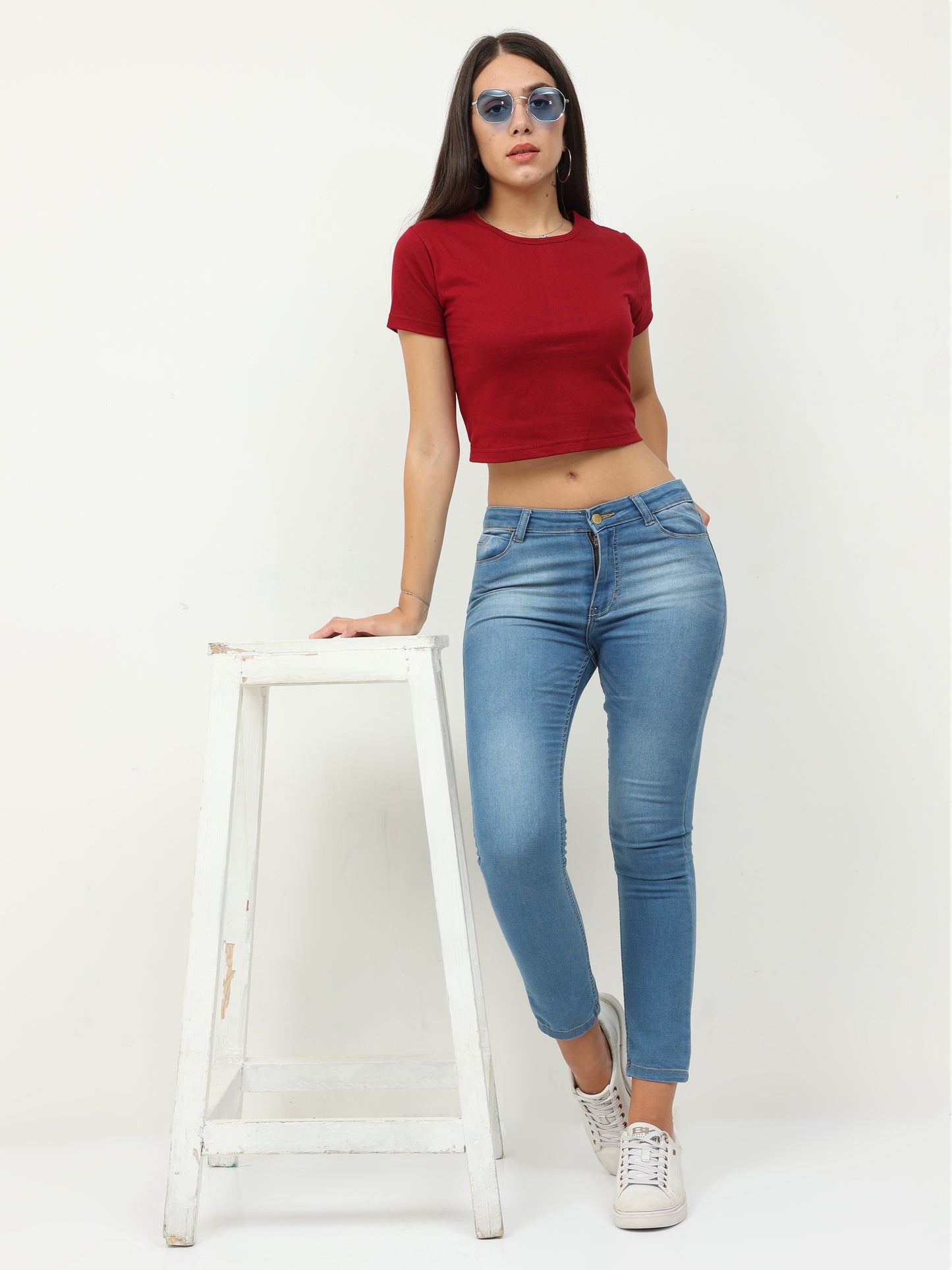 Women's Cotton Plain Round Neck Maroon Color Crop Top
