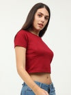Women's Cotton Plain Round Neck Maroon Color Crop Top