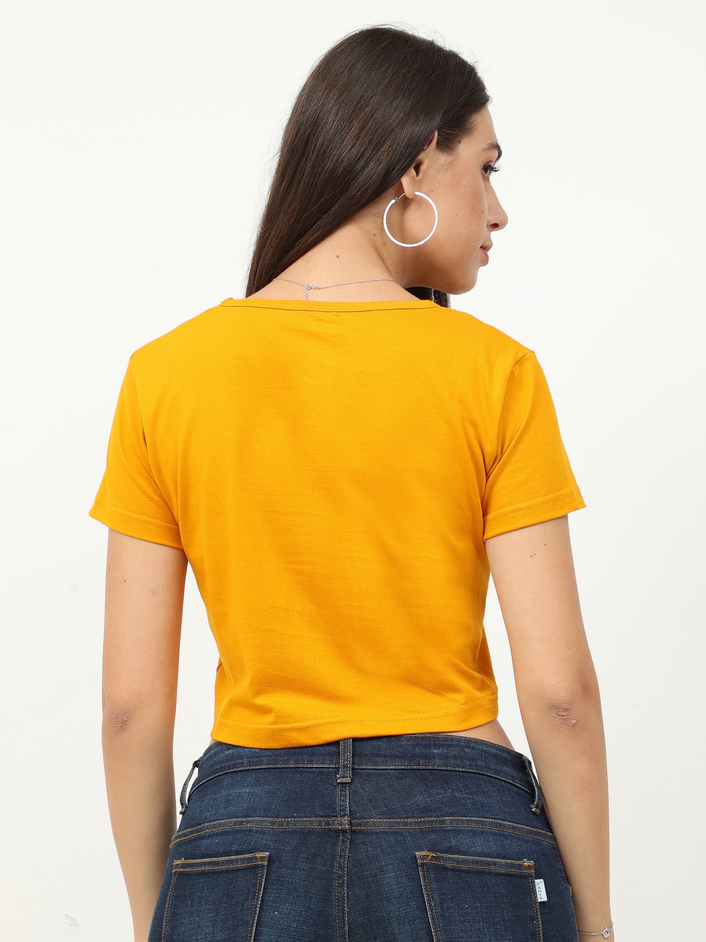 Women's Cotton Plain Round Neck Mustard Yellow Color Crop Top
