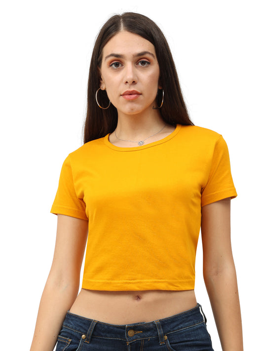 Women's Cotton Plain Round Neck Mustard Yellow Color Crop Top