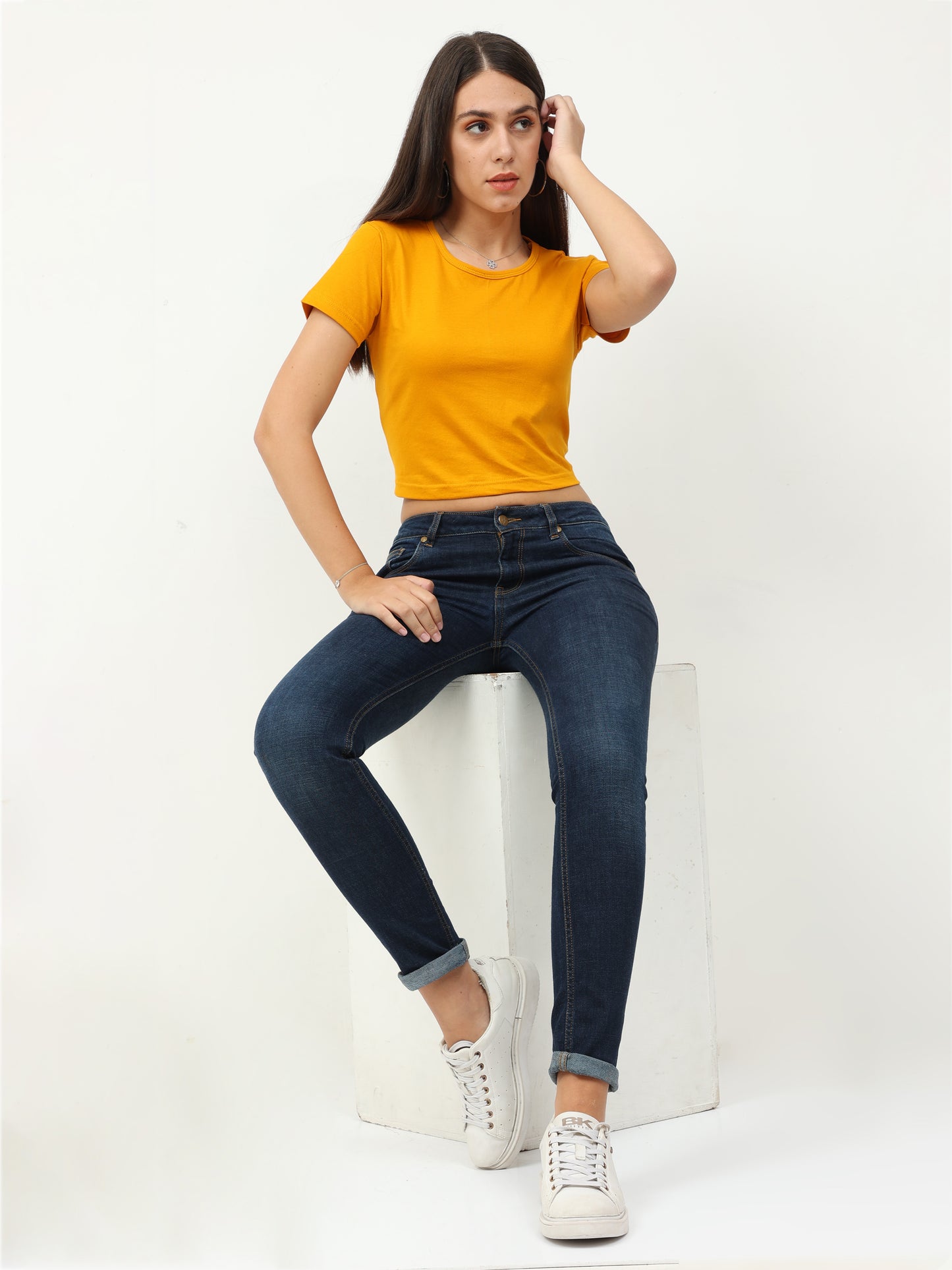 Women's Cotton Plain Round Neck Mustard Yellow Color Crop Top