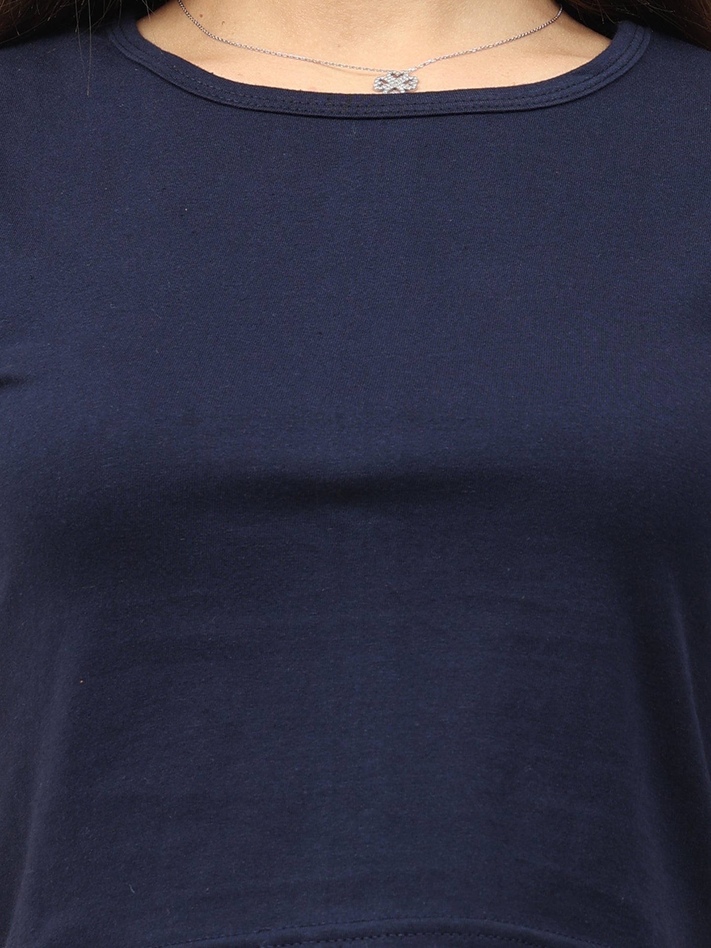 Women's Cotton Plain Round Neck Navy Blue Color Crop Top