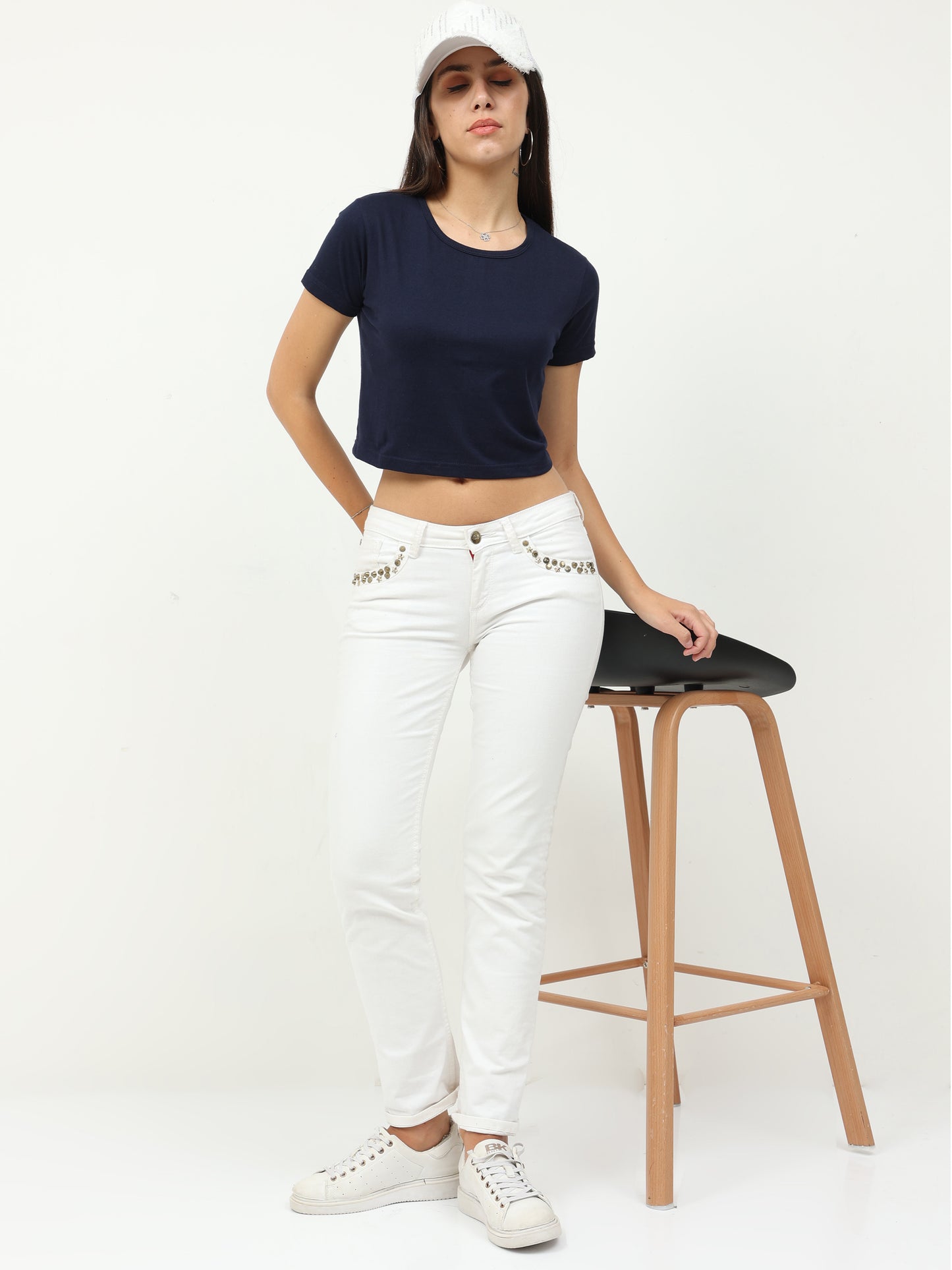 Women's Cotton Plain Round Neck Navy Blue Color Crop Top