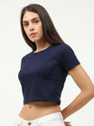 Women's Cotton Plain Round Neck Navy Blue Color Crop Top