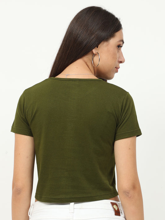 Women's Cotton Plain Round Neck Olive Green Color Crop Top