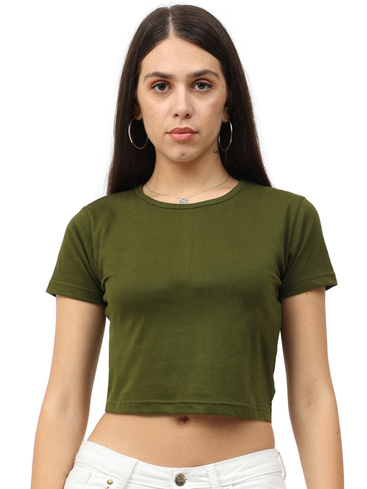 Women's Cotton Plain Round Neck Olive Green Color Crop Top