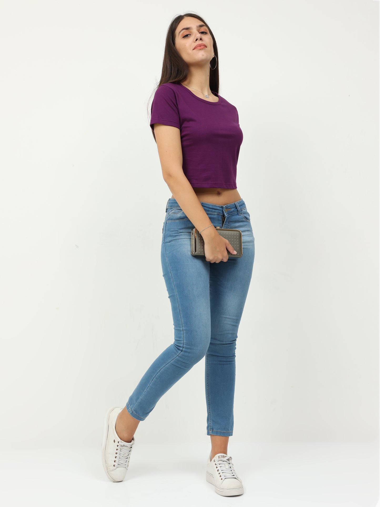 Women's Cotton Plain Round Neck Purple Color Crop Top