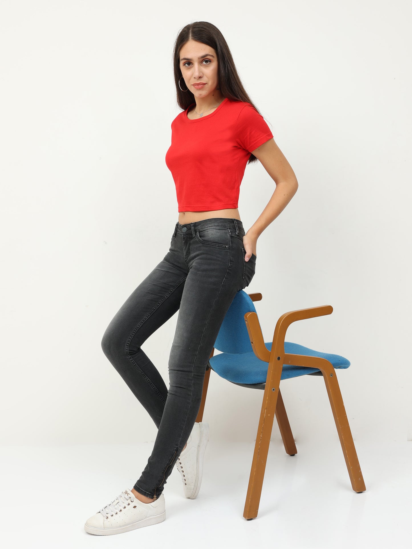 Women's Cotton Plain Round Neck Red Color Crop Top
