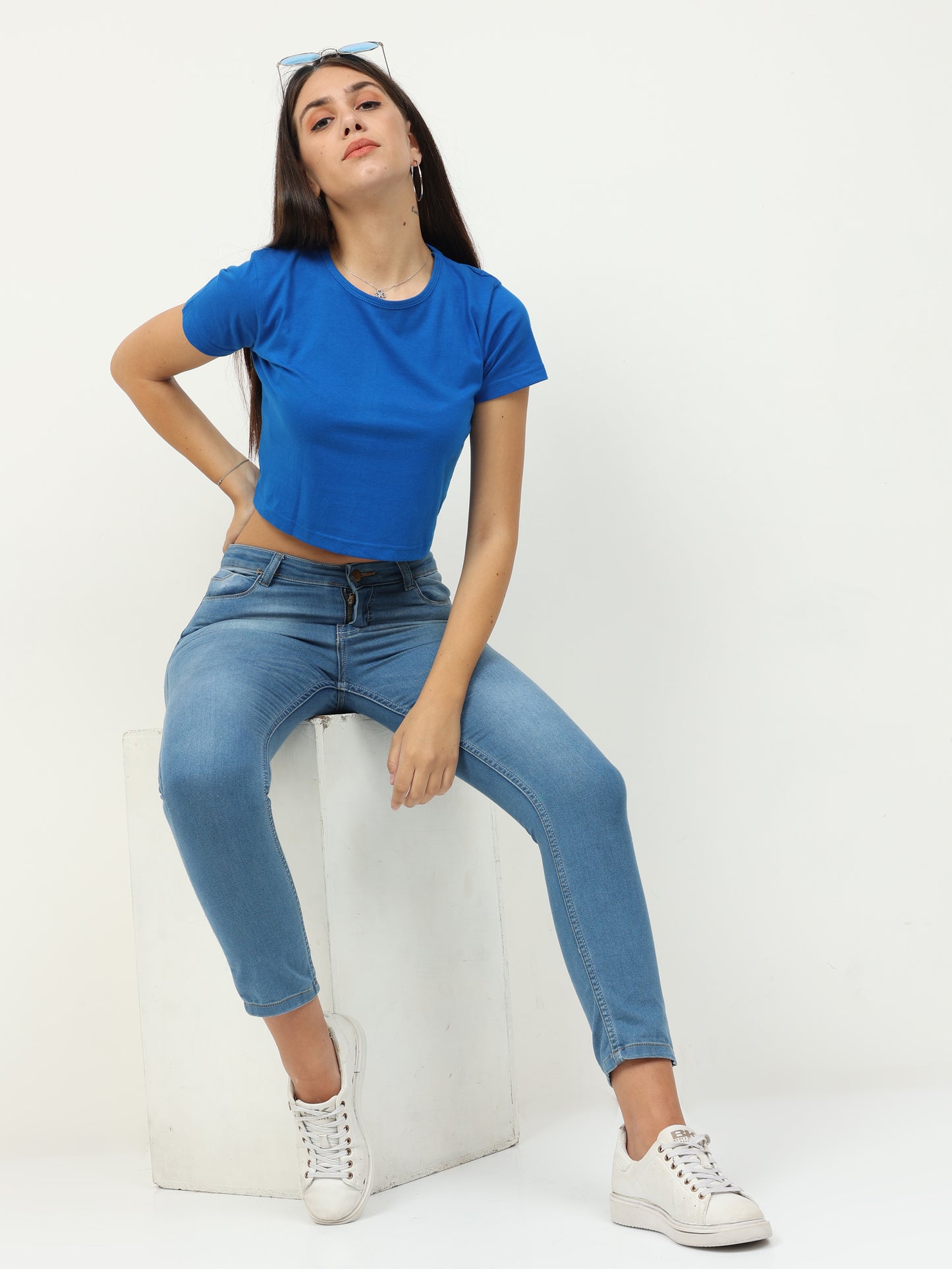 Women's Cotton Plain Round Neck Royal Blue Color Crop Top