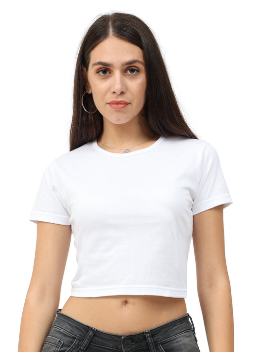 Women's Cotton Plain Round Neck White Color Crop Top