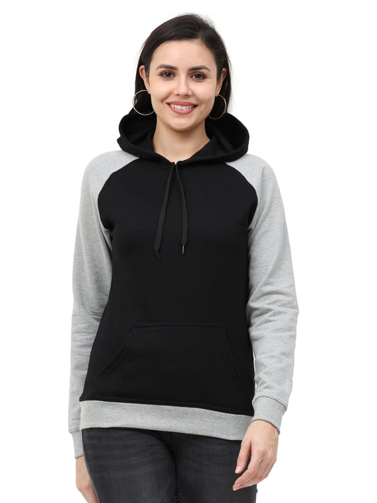 Women's Cotton Color Block Raglan Black & Grey Melange Color Full Sleeve Sweatshirt/Hoodies