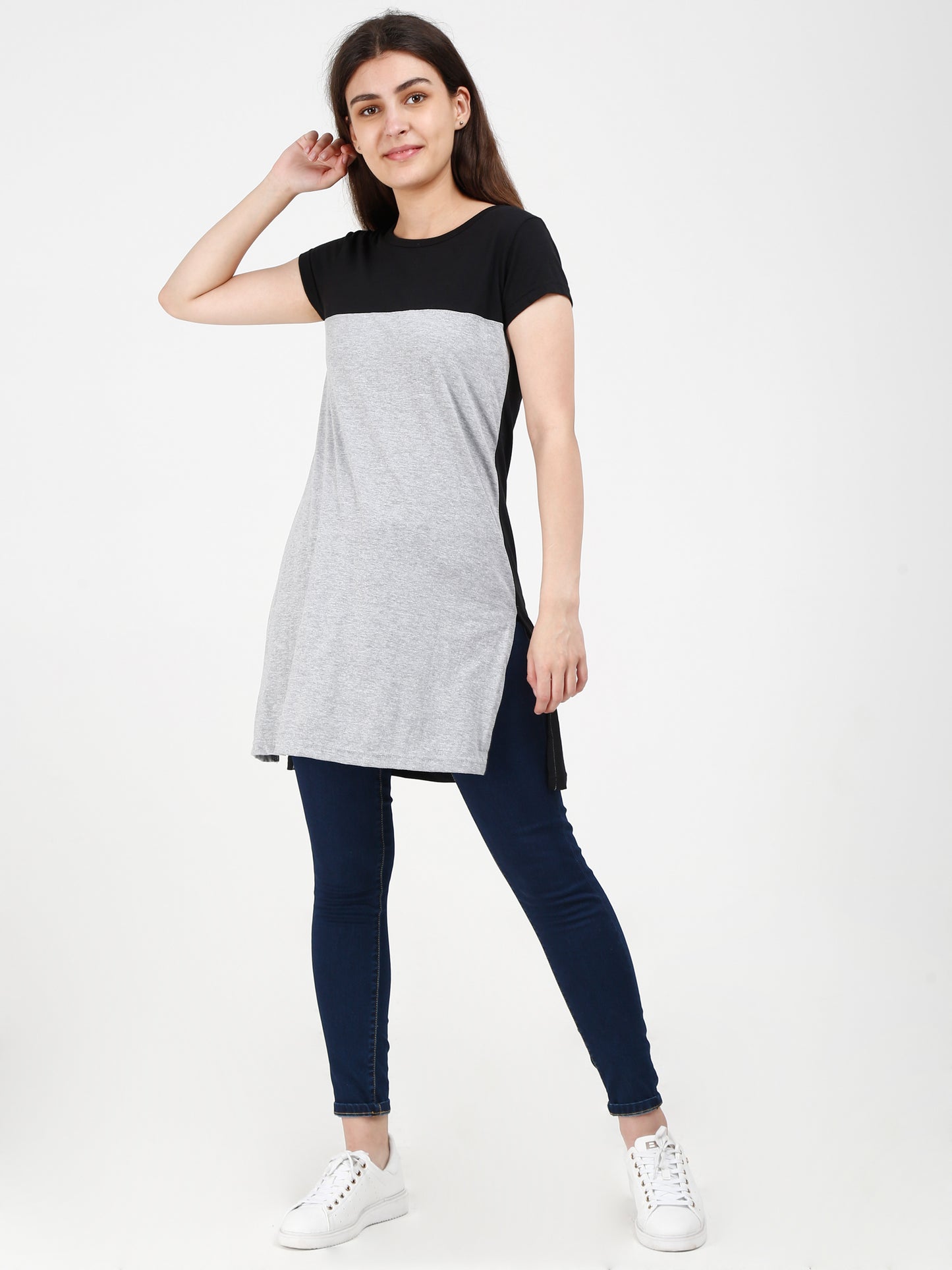 Women's Cotton Color Block Blackgrey Color Long Top