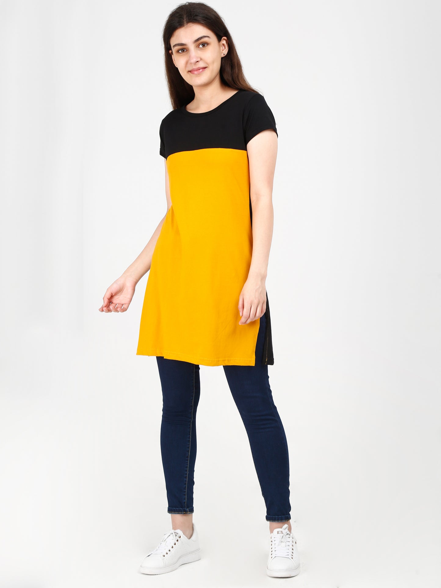 Women's Cotton Color Block Blackyellow Color Long Top