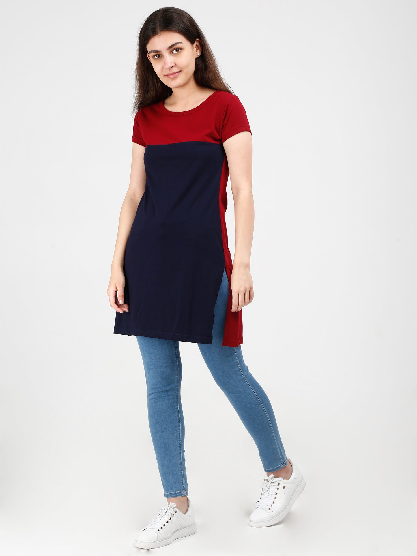 Women's Cotton Color Block Maroonnavy Color Long Top