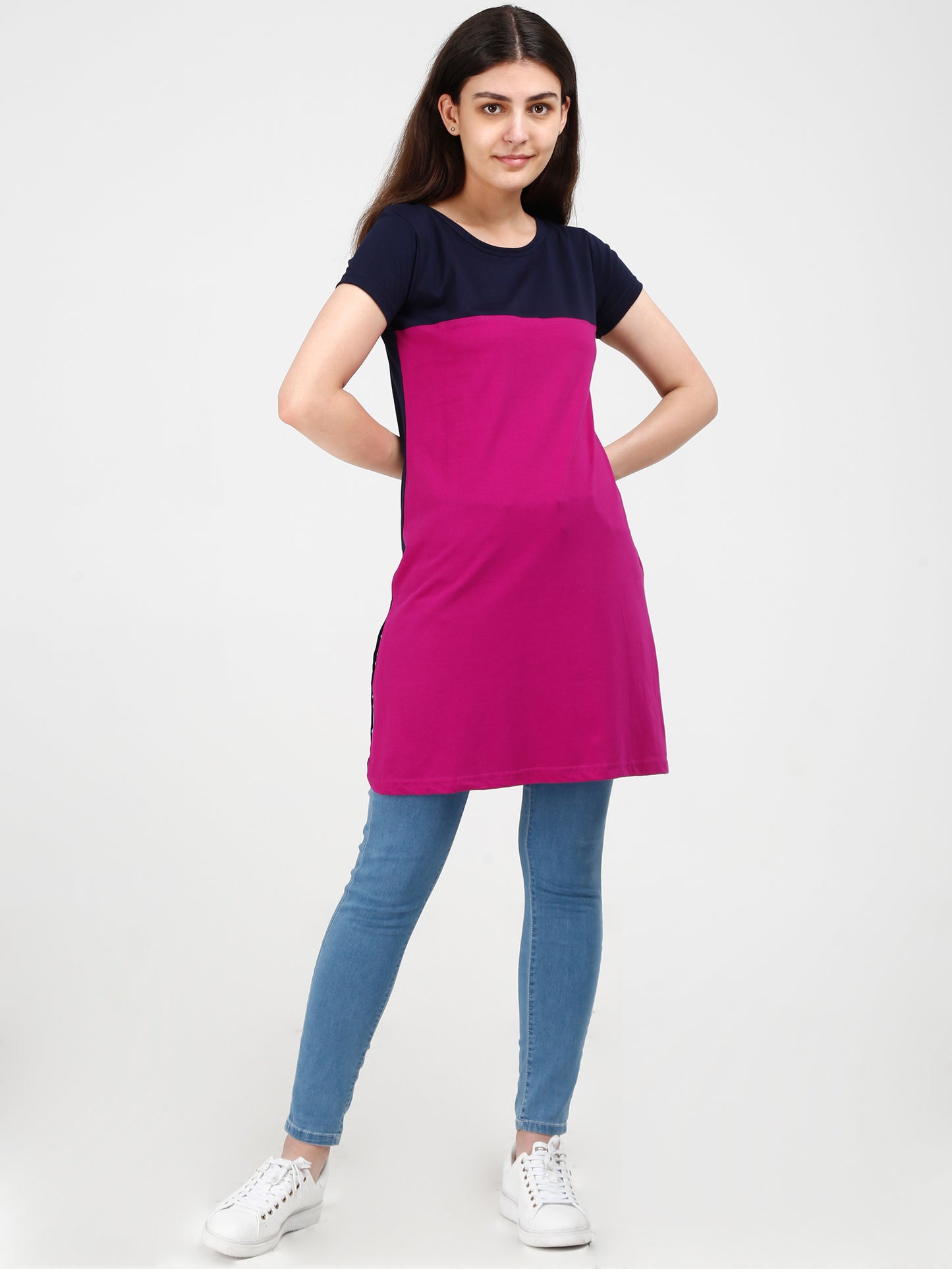 Women's Cotton Color Block Navymagenta Color Long Top
