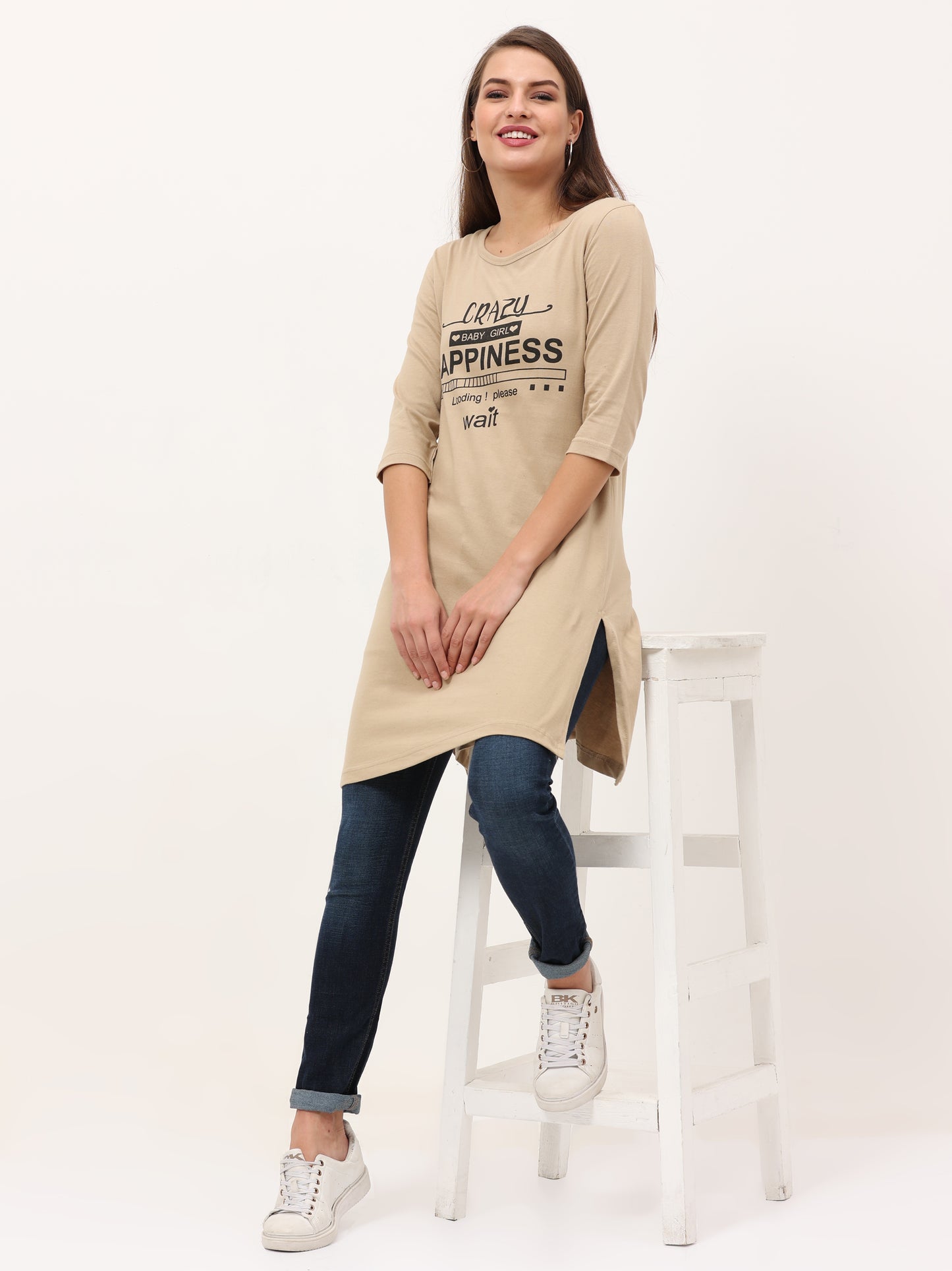 Women's Cotton Printed 3/4 Sleeve Biscuit Color Long Top