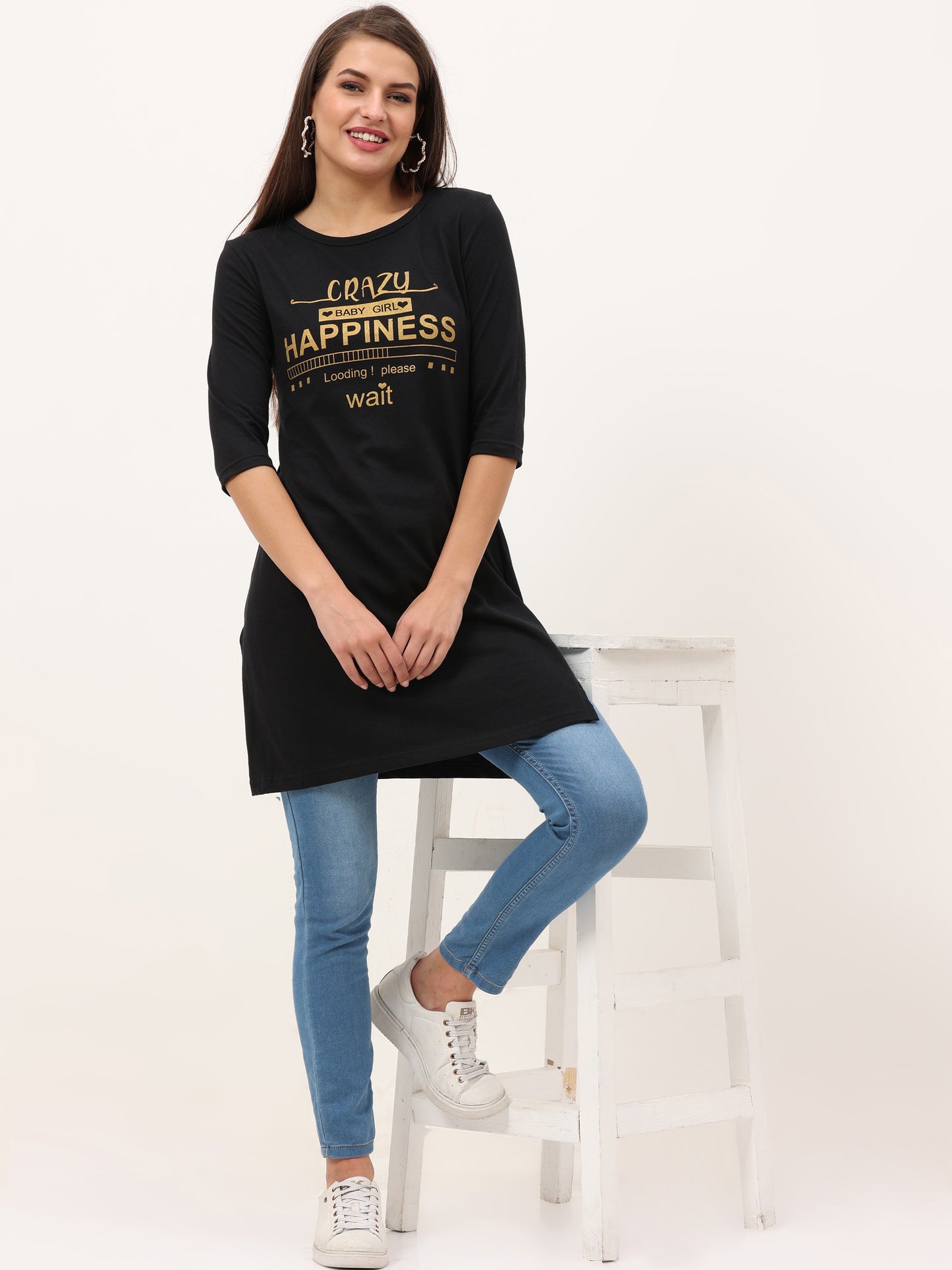 Women's Cotton Printed 3/4 Sleeve Black Color Long Top