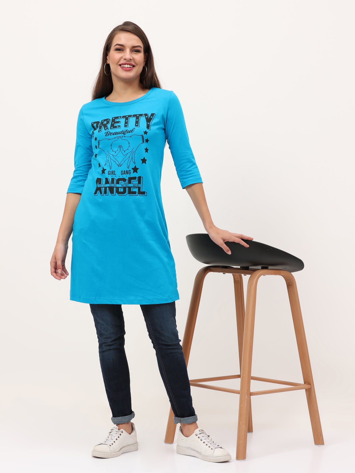 Women's Cotton Printed 3/4 Sleeve Blue Color Long Top