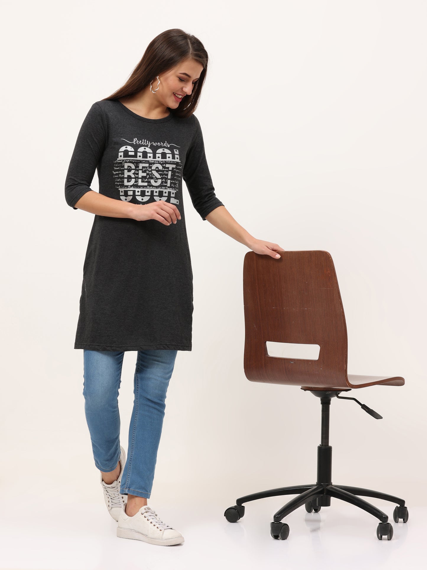 Women's Cotton Printed 3/4 Sleeve Charcoal Melange Color Long Top