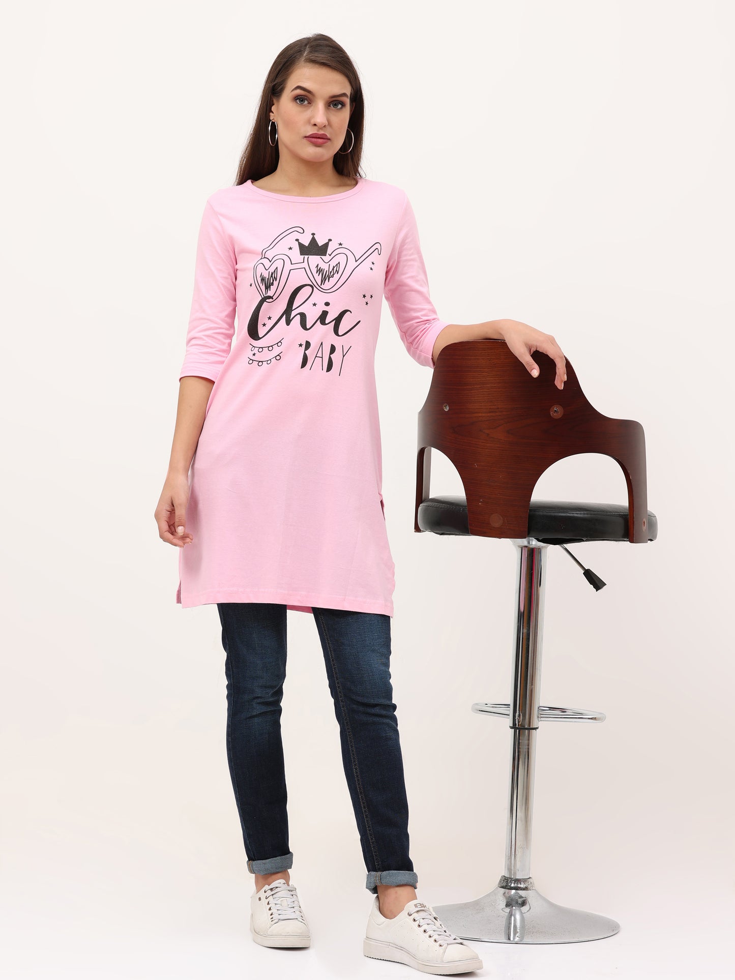 Women's Cotton Printed 3/4 Sleeve Light Pink Color Long Top