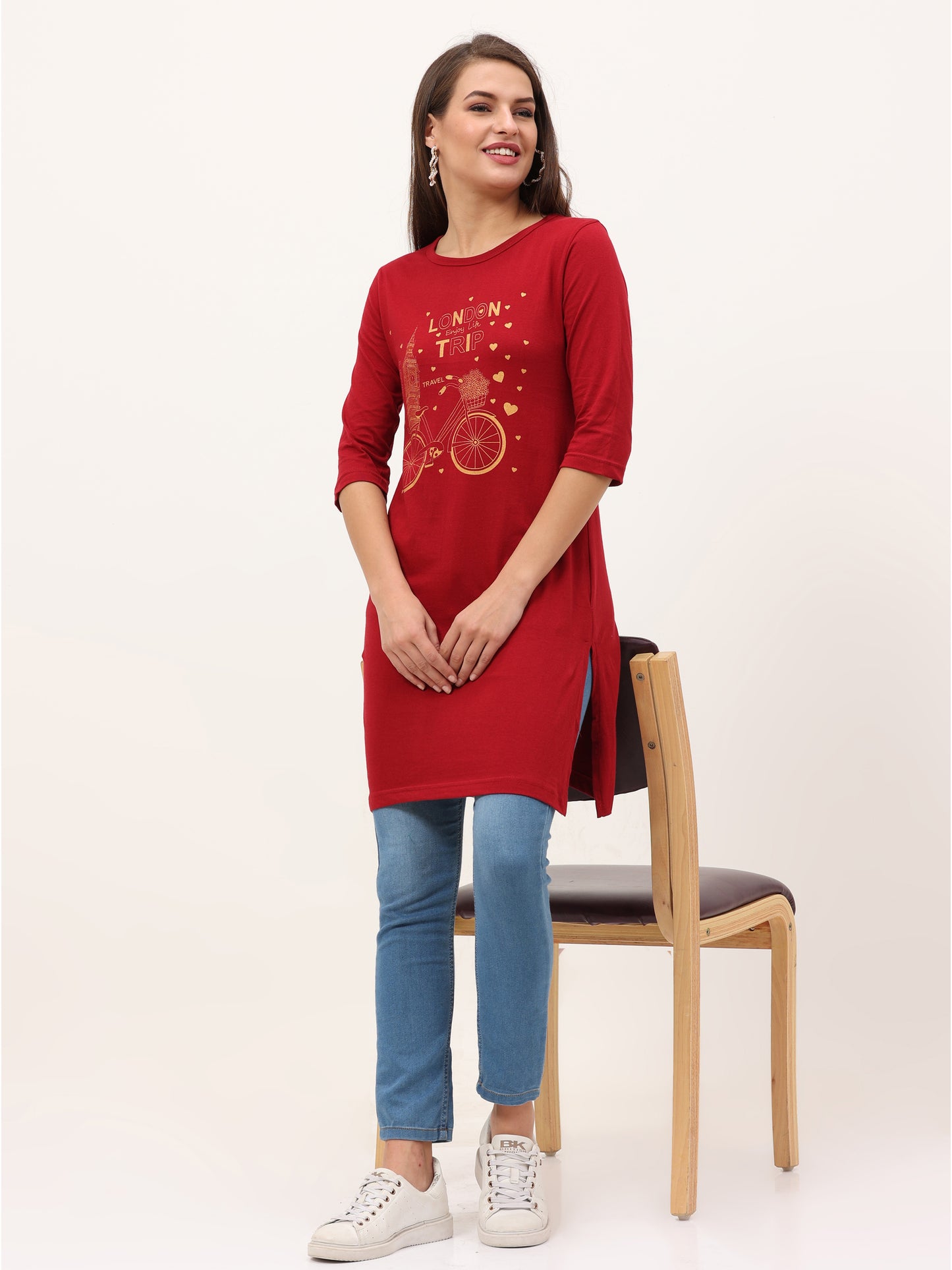 Women's Cotton Printed 3/4 Sleeve Maroon Color Long Top