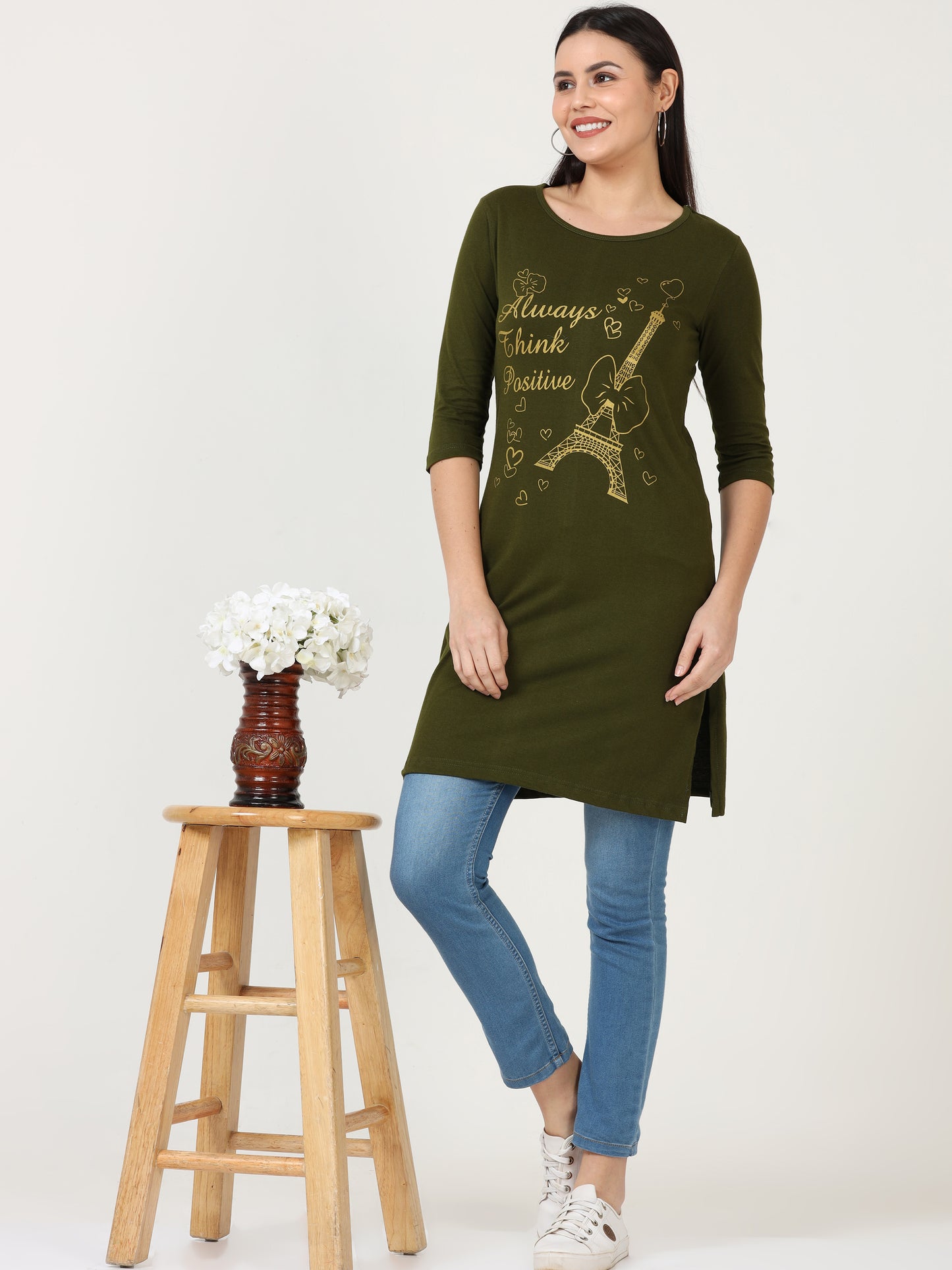 Women's Cotton Printed 3/4 Sleeve Olive Green Color Long Top
