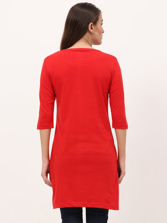 Women's Cotton Printed 3/4 Sleeve Red Color Long Top