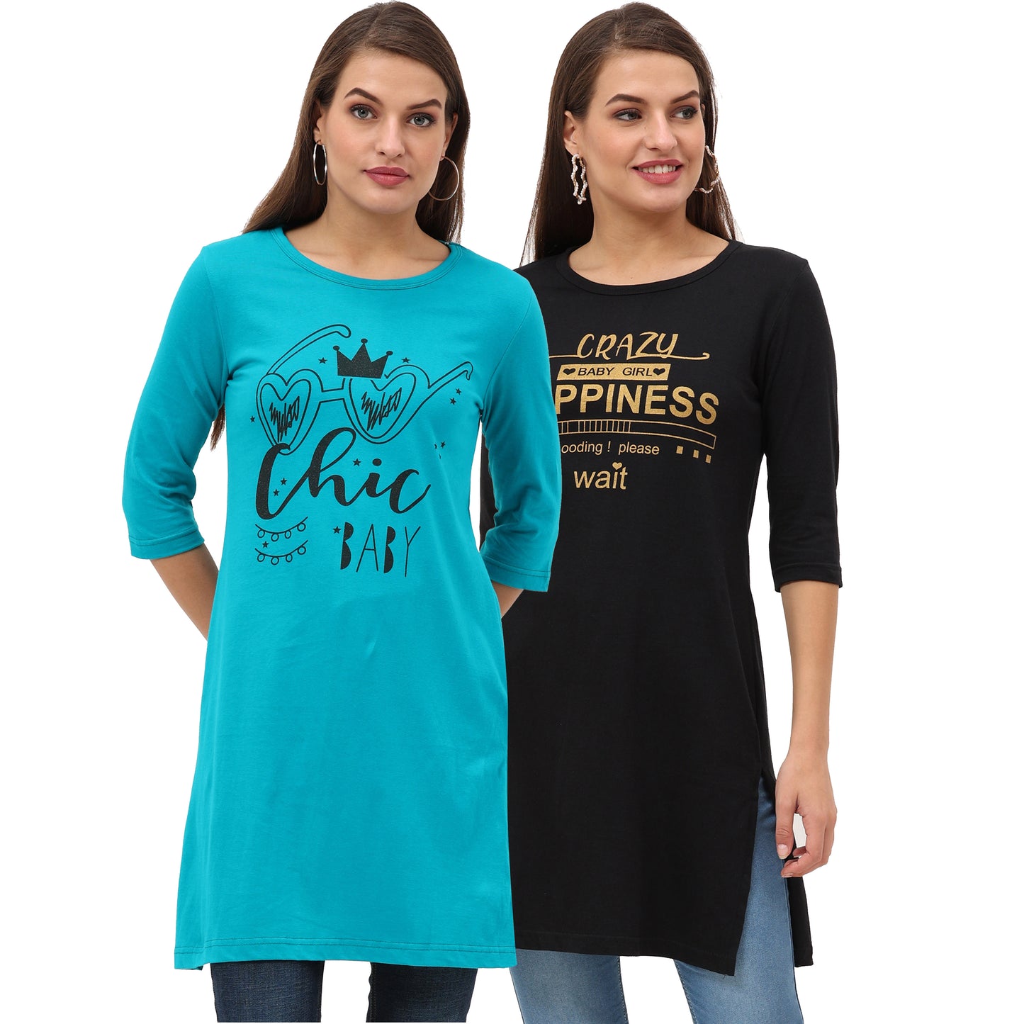 Women's Cotton Printed 3/4 Sleeve Long Top - (Pack of 2)