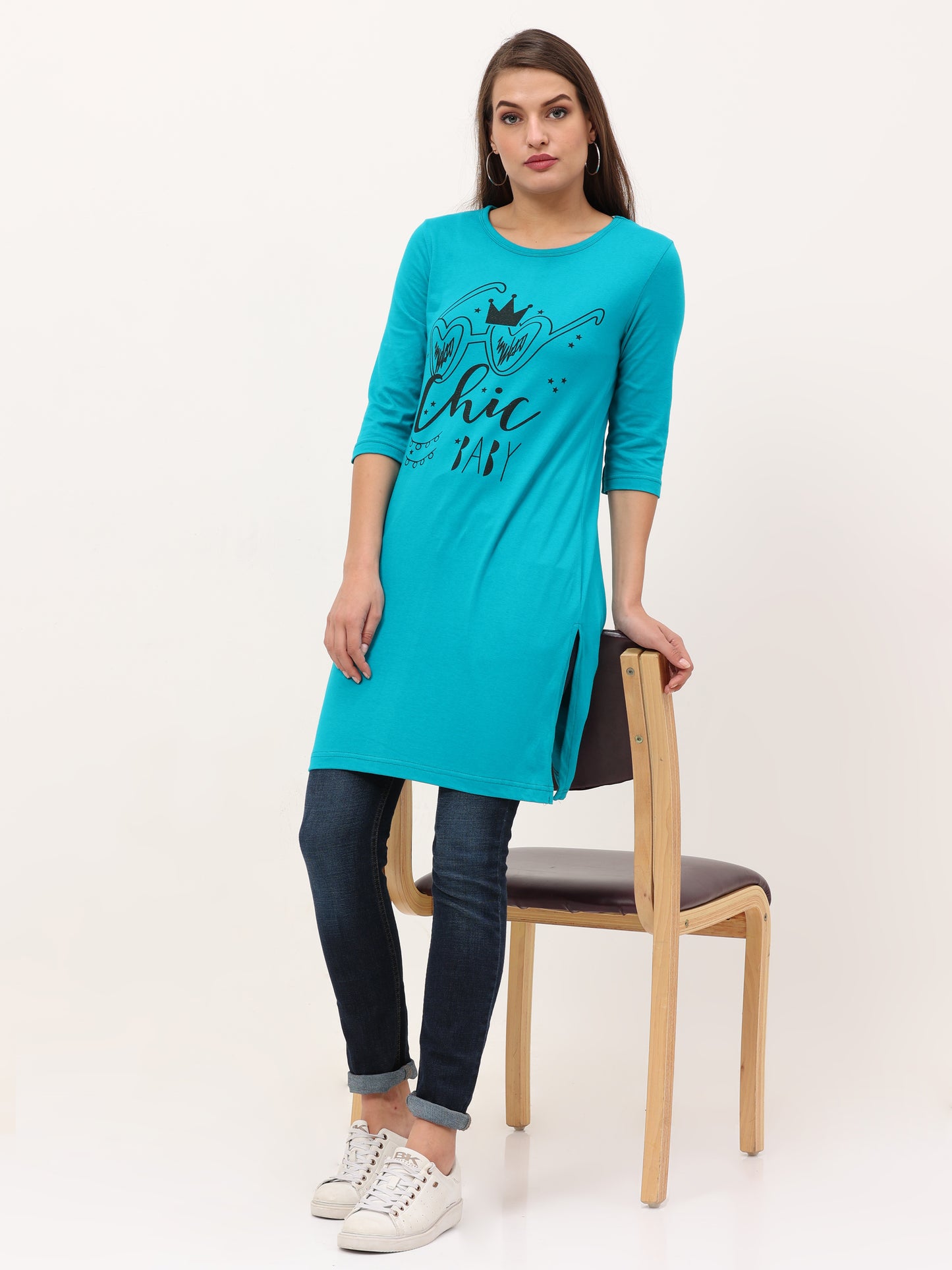 Women's Cotton Printed 3/4 Sleeve Shade Green Color Long Top