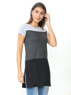 Women's Cotton Color Block Round Neck Long Top with Side Cut