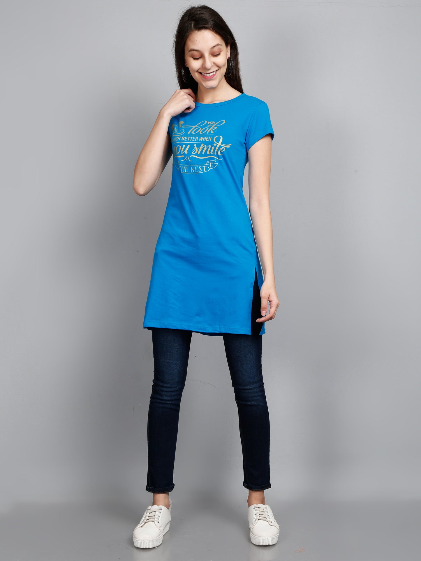 Women's Cotton Round Neck Blue Color Long Top Chest Printed with Side Cut
