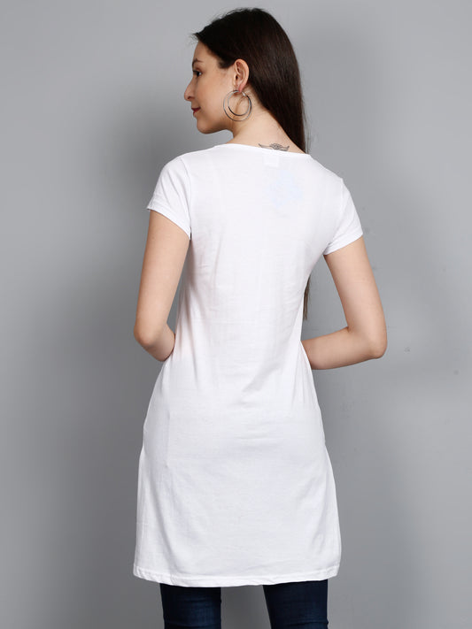 Women's Cotton Round Neck White Color Long Top Chest Printed with Side Cut