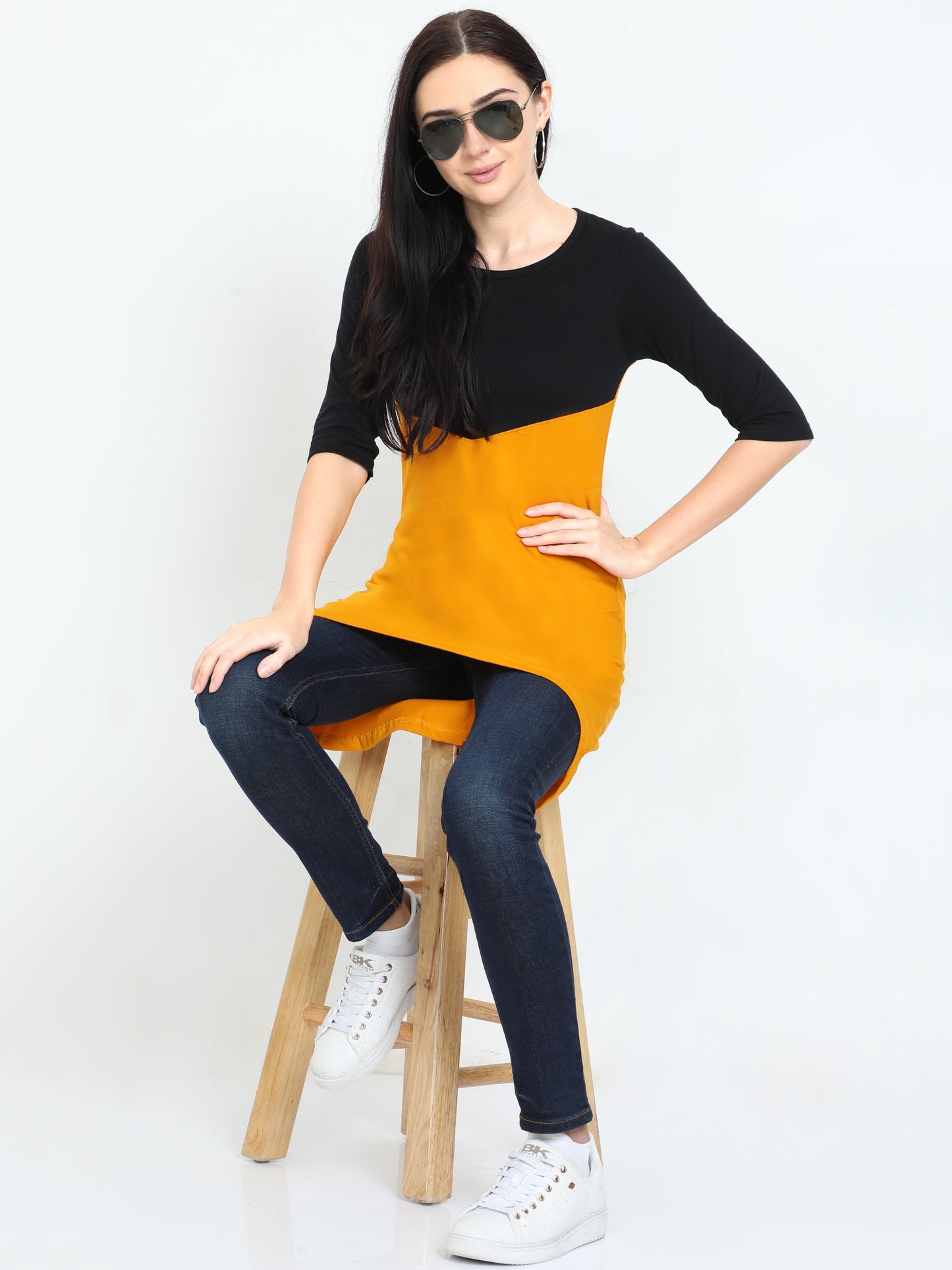Women's Oval Shape Color Block BlackMustard Color Long Top