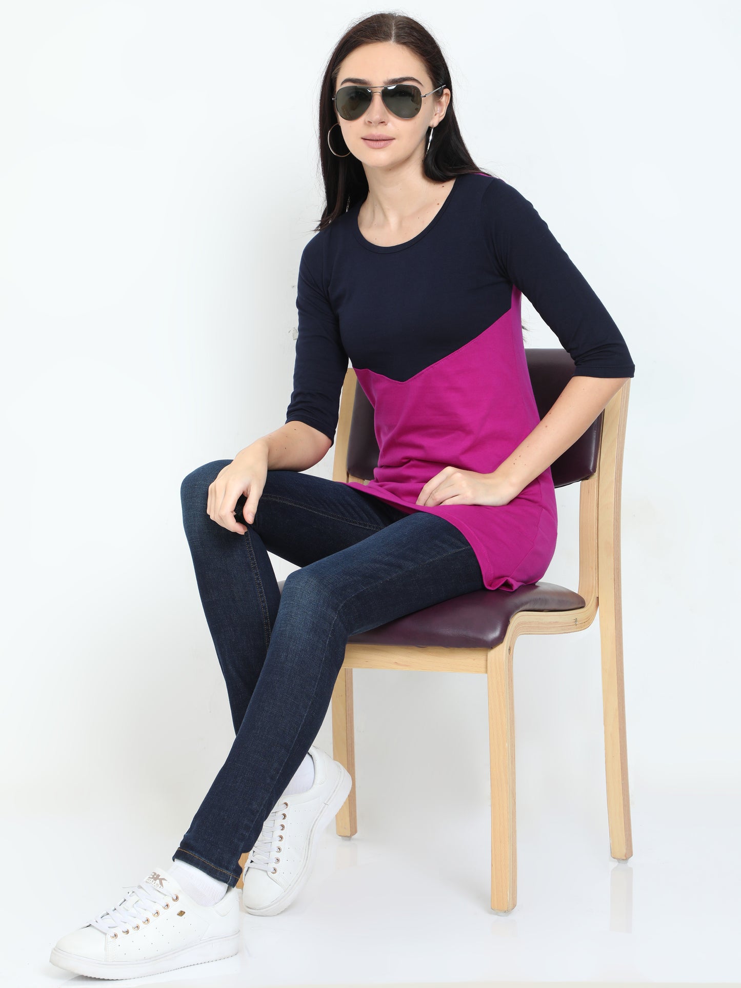 Women's Oval Shape Color Block NavyMagenta Color Long Top