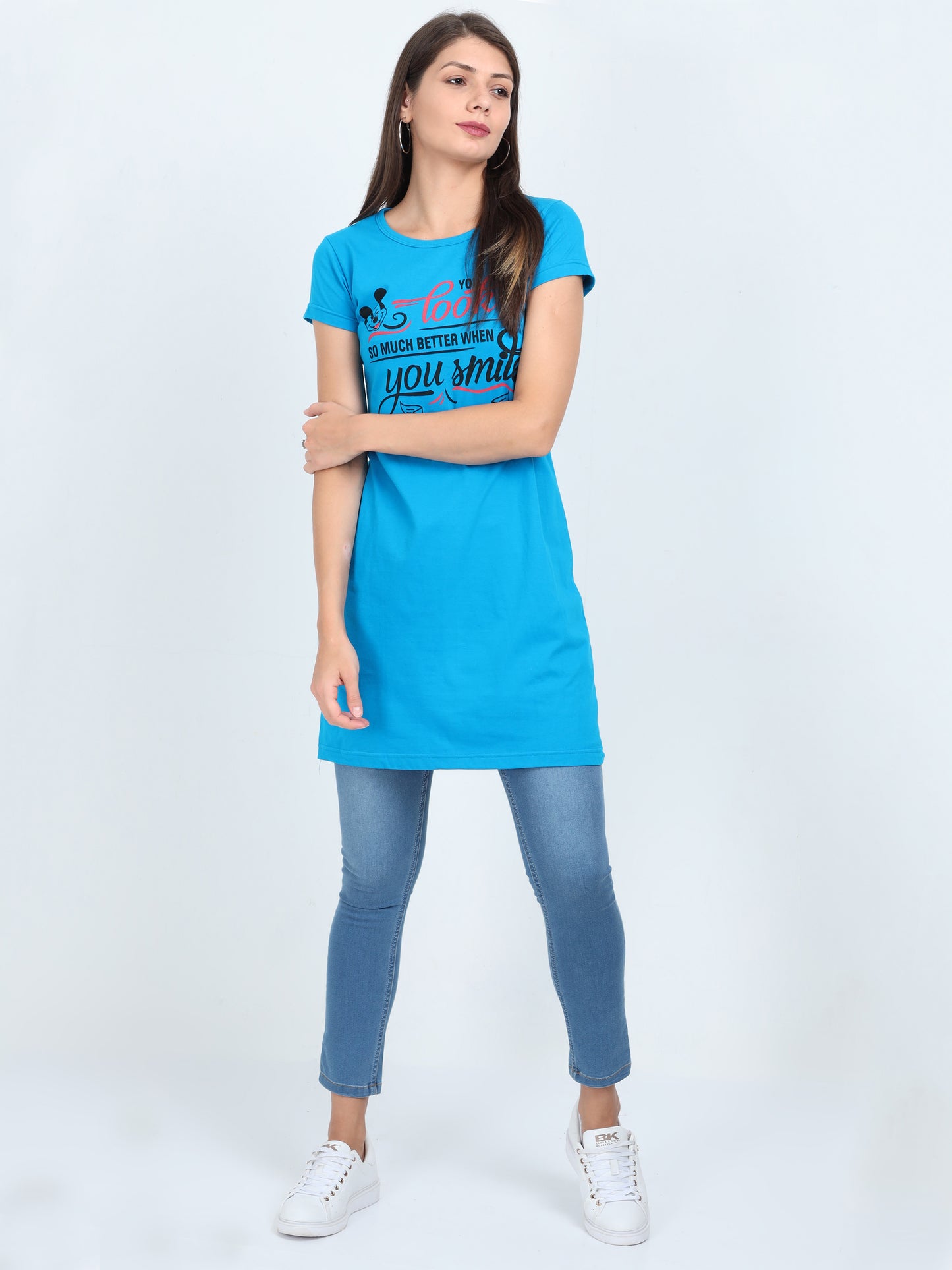 Women's Cotton Round Neck Printed Blue Color Long Top