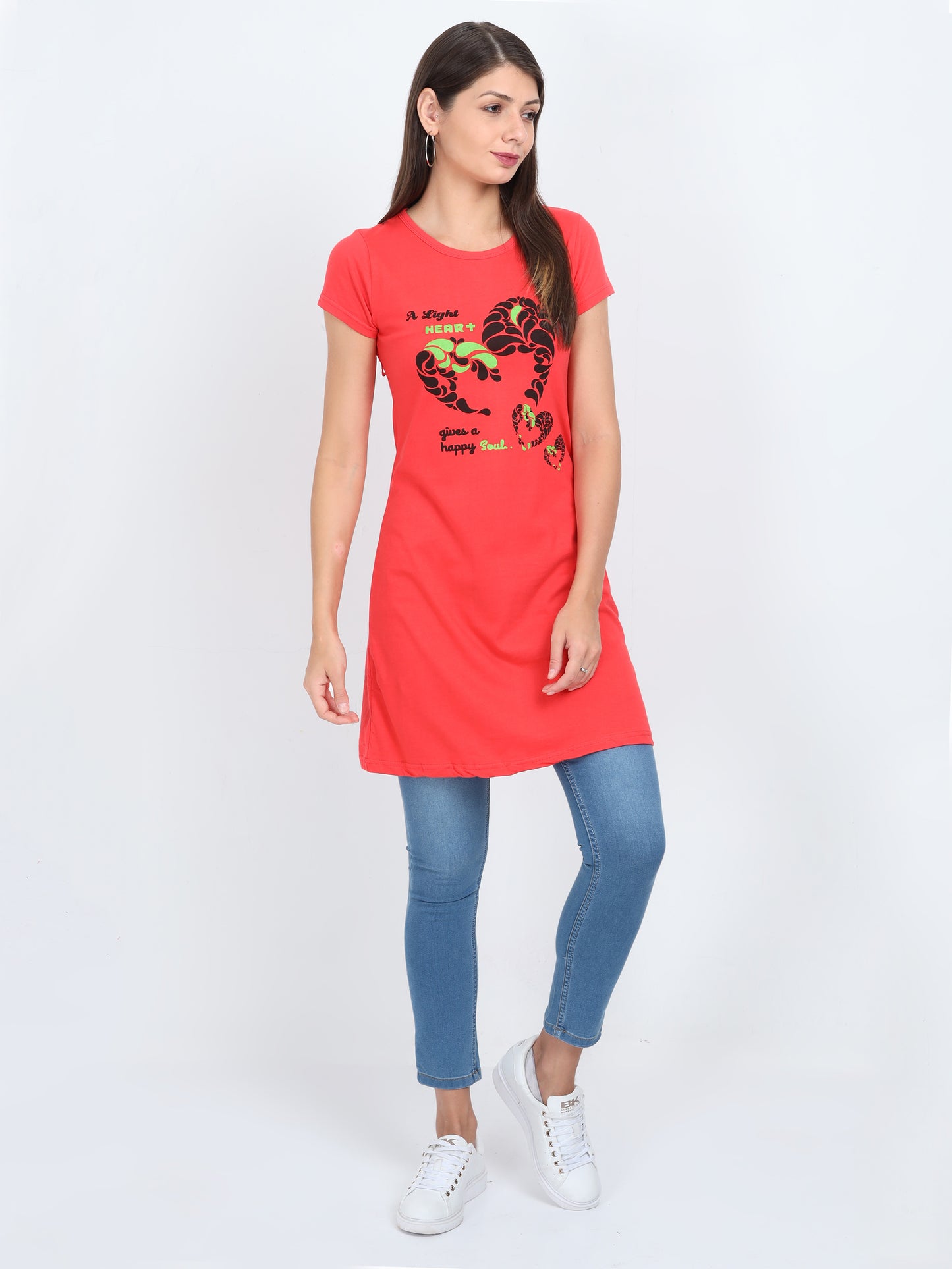 Women's Cotton Round Neck Printed Coral Red Color Long Top