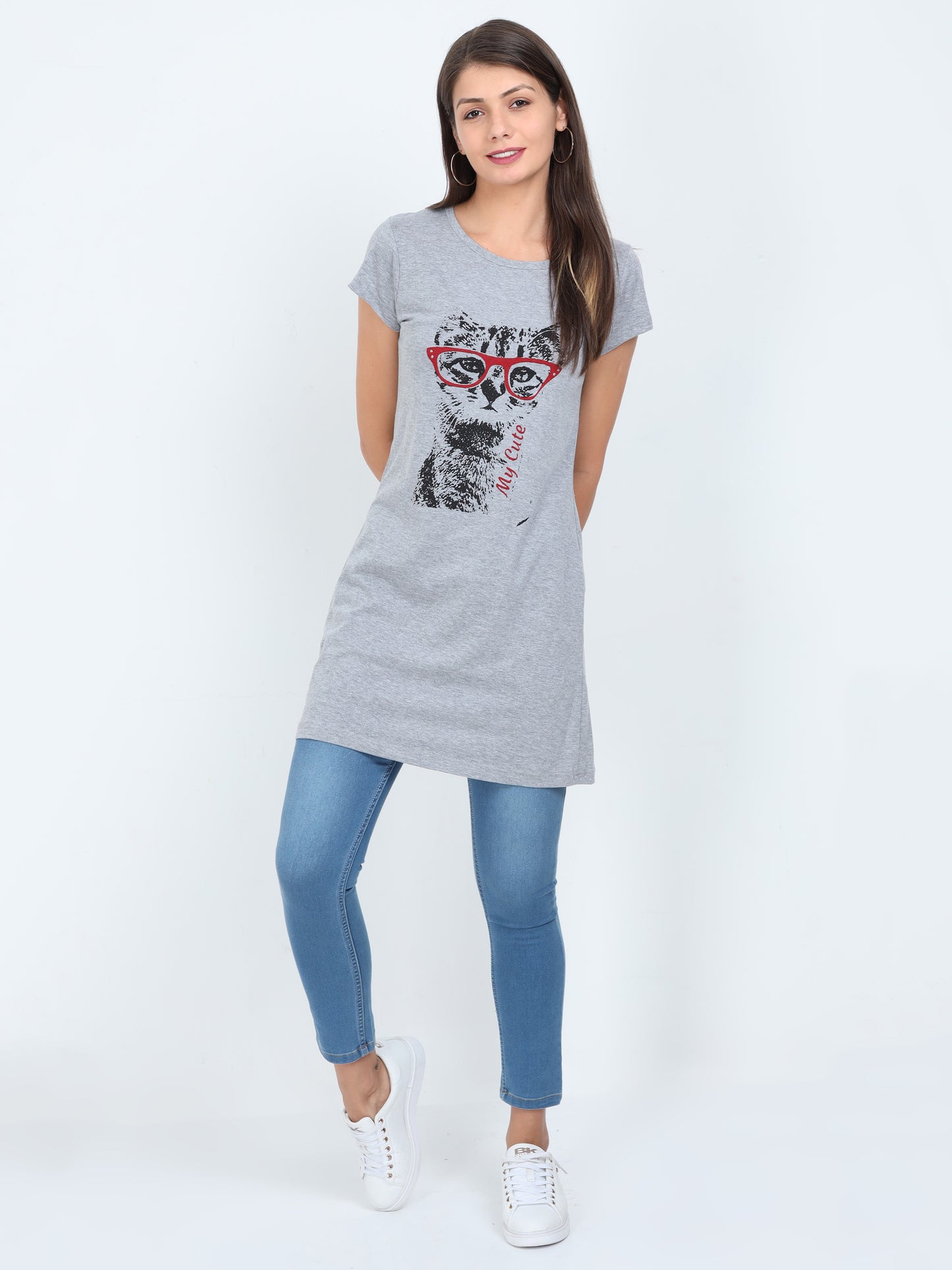 Women's Cotton Round Neck Printed Grey Melange Color Long Top