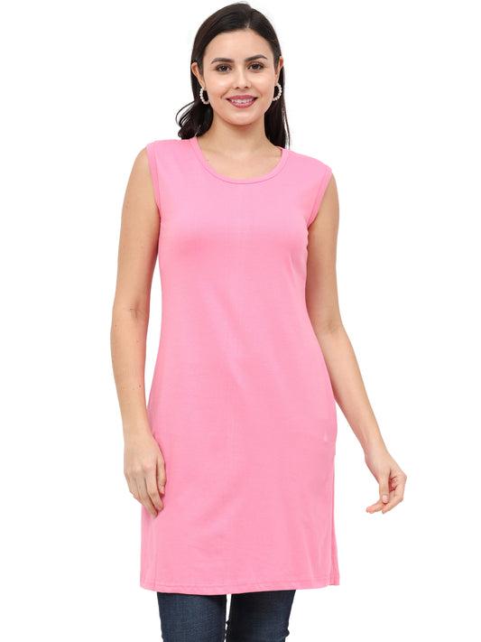 Women's Cotton Round Neck Plain Light Pink Color Sleeveless Long Top