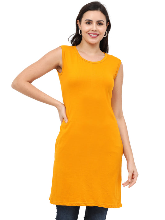 Women's Cotton Round Neck Plain Mustard Yellow Color Sleeveless Long Top
