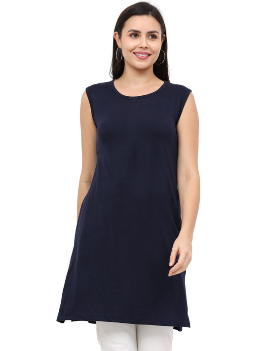 Women's Cotton Round Neck Plain Navy Blue Color Sleeveless Long Top