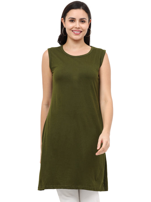 Women's Cotton Round Neck Plain Olive Green Color Sleeveless Long Top
