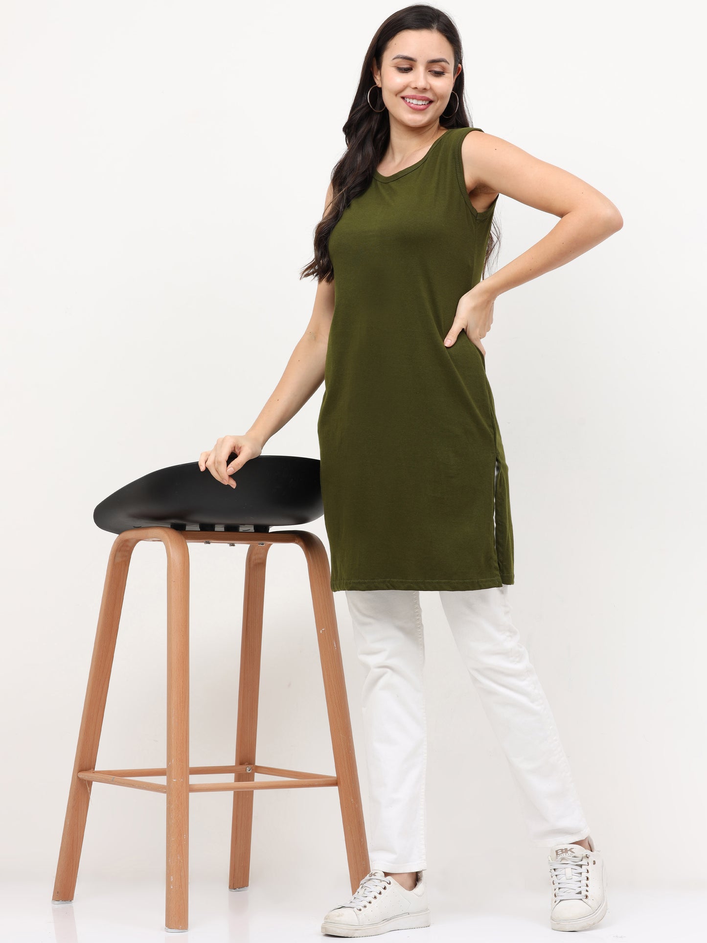 Women's Cotton Round Neck Plain Olive Green Color Sleeveless Long Top