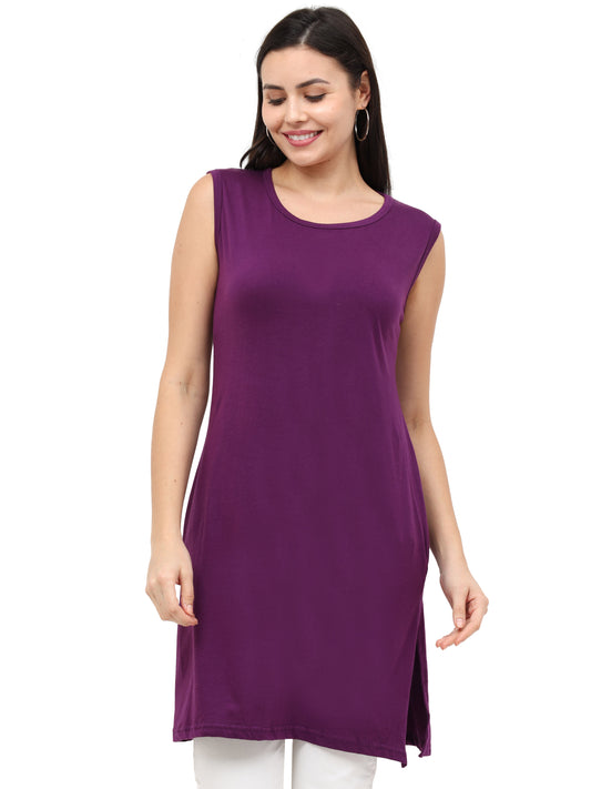 Women's Cotton Round Neck Plain Purple Color Sleeveless Long Top
