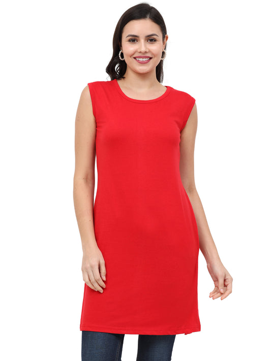 Women's Cotton Round Neck Plain Red Color Sleeveless Long Top