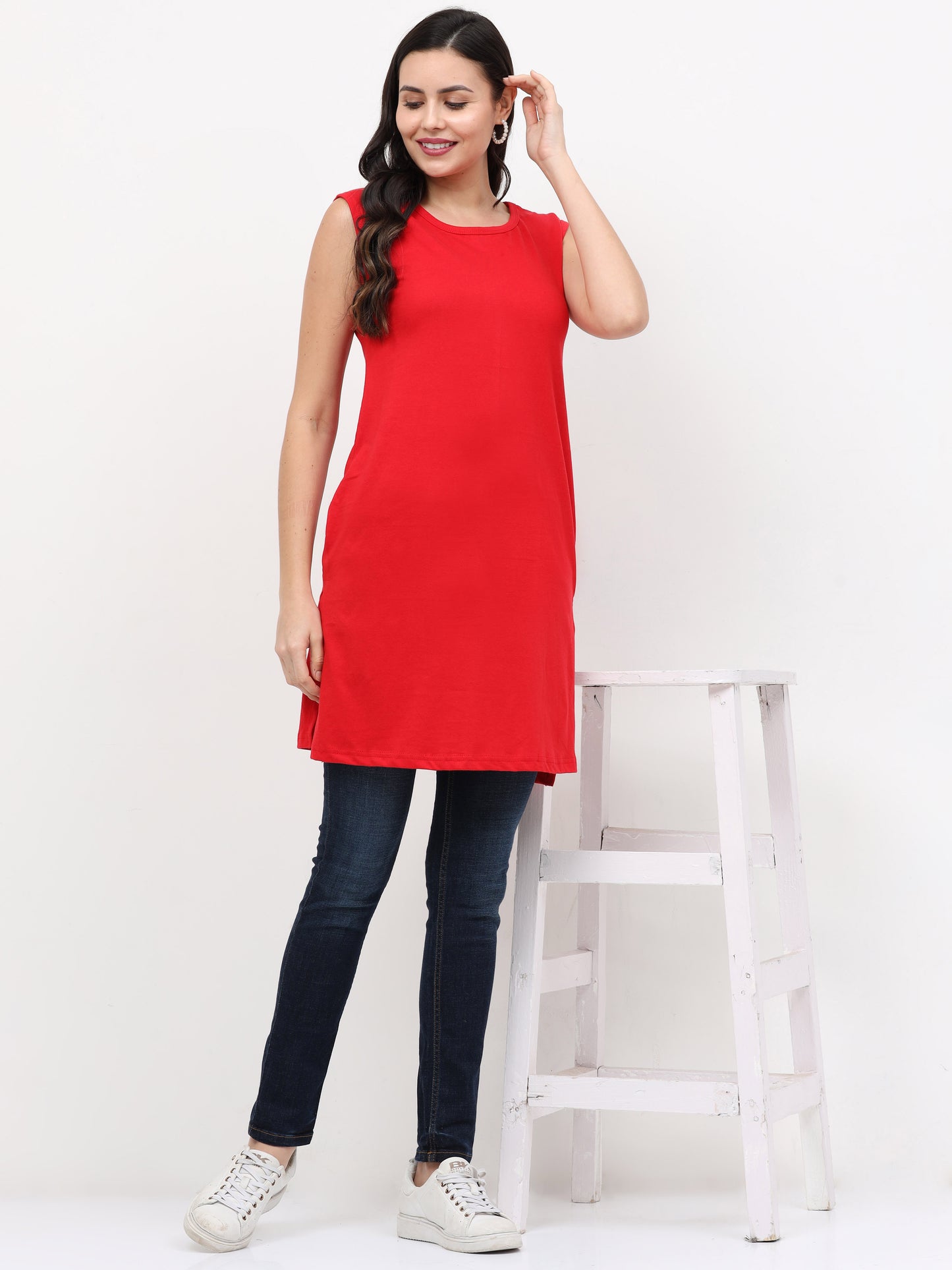 Women's Cotton Round Neck Plain Red Color Sleeveless Long Top