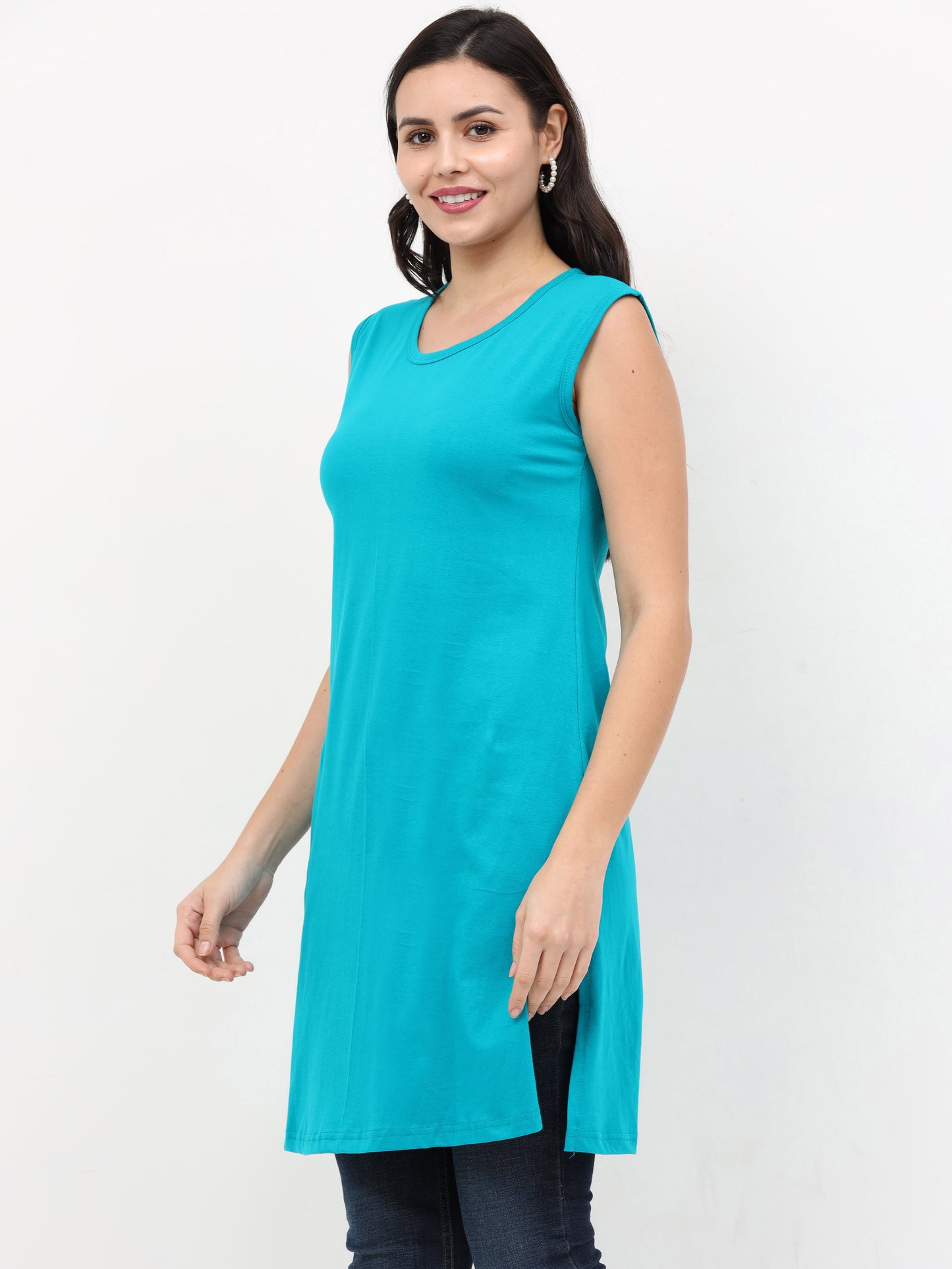 Women's Cotton Round Neck Plain Shade Green Color Sleeveless Long Top